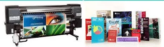 Large-format printer beside examples of printed displays