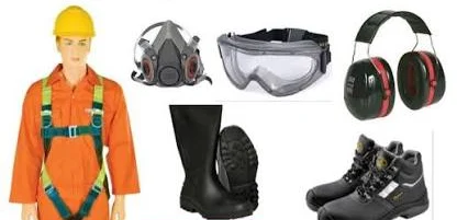 PPE examples including a helmet, goggles, ear defenders and safety boots